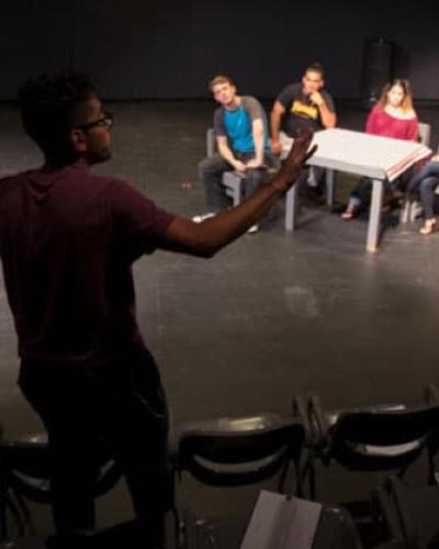 Picture of student crew at the Schwartz Center for the Performing Arts to produce four plays in 24 hours during the annual Festival 24