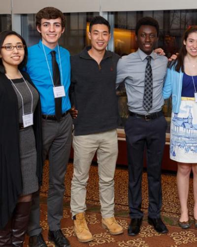 From left, Alejandra Rodrigues ’17, Brandon Love ’18, James Guo ’16, Desmond Asiedu ’17, Isabella Salas-Allende ’19, Ryan Lombardi, vice president for Student and Campus Life, Nicholas Karavolias ’18, and Lauren Gabbuzzi ‘16 at an event